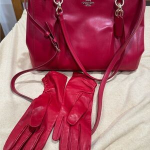 Coach Red Leather Bag and Gloves Set